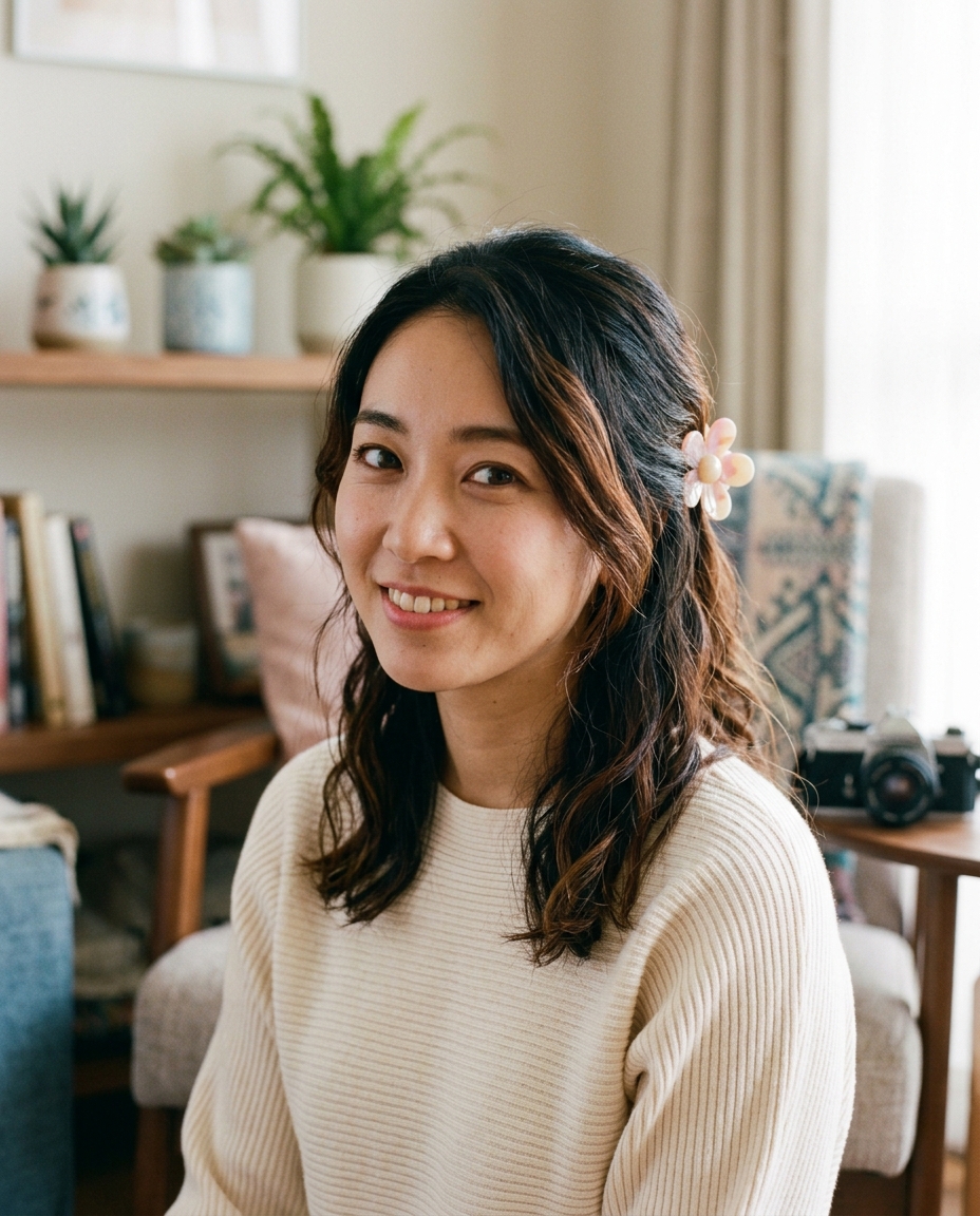 A young woman with a pastel hair clip in a soft pink kawaii aesthetic — anime-inspired styling